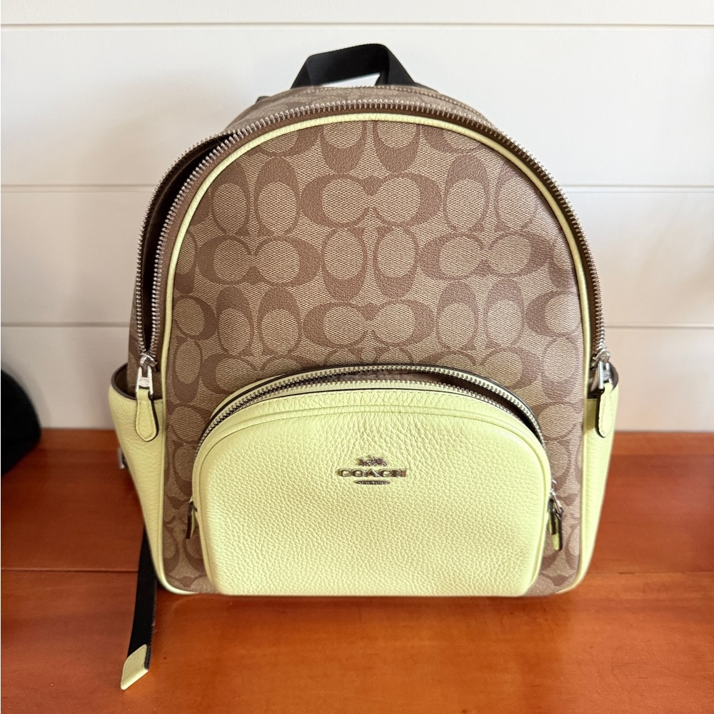 Coach Signature Brown and Pale Lime Green Backpack - Picture 11 of 15